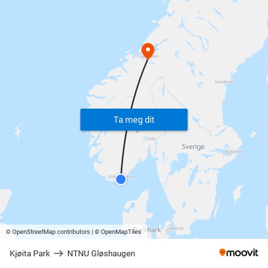 Kjøita Park to NTNU Gløshaugen map
