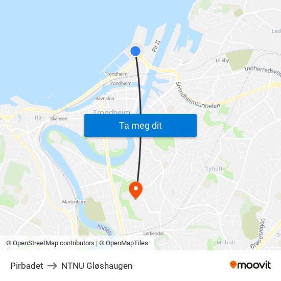 Pirbadet to NTNU Gløshaugen map