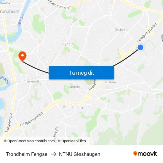 Trondheim Fengsel to NTNU Gløshaugen map