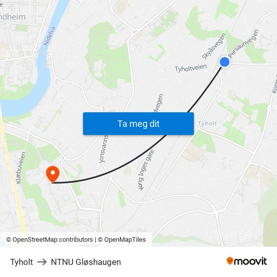 Tyholt to NTNU Gløshaugen map