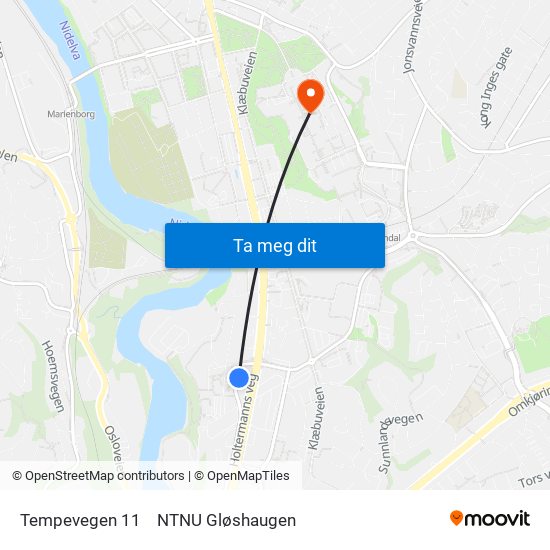 Tempevegen 11 to NTNU Gløshaugen map