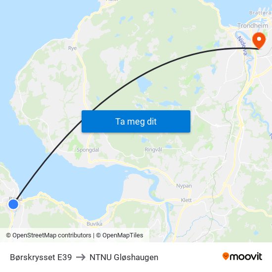 Børskrysset E39 to NTNU Gløshaugen map