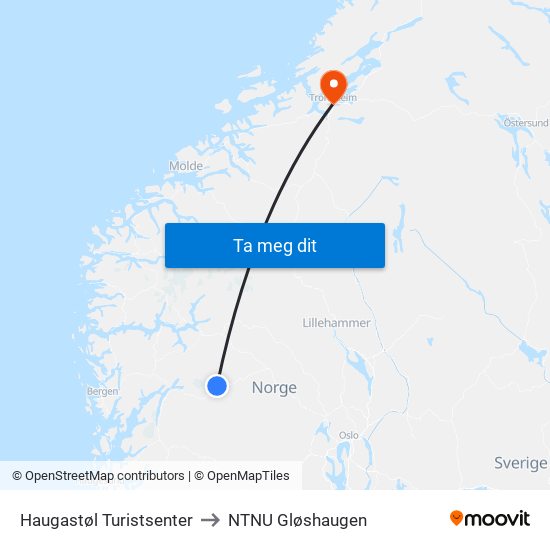 Haugastøl Turistsenter to NTNU Gløshaugen map
