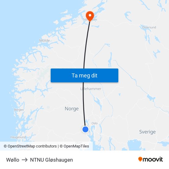 Wøllo to NTNU Gløshaugen map