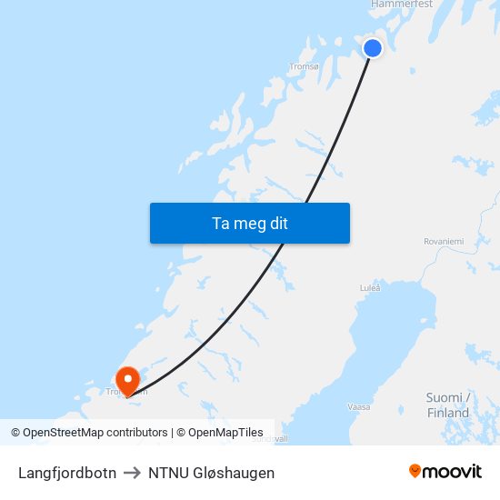 Langfjordbotn to NTNU Gløshaugen map