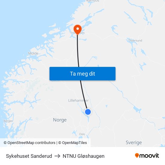 Sykehuset Sanderud to NTNU Gløshaugen map