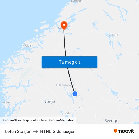 Løten Stasjon to NTNU Gløshaugen map