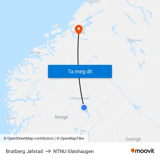 Bratberg Jølstad to NTNU Gløshaugen map