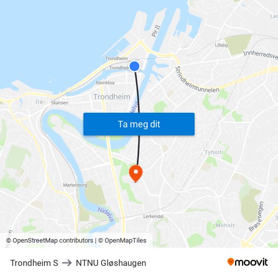 Trondheim S to NTNU Gløshaugen map