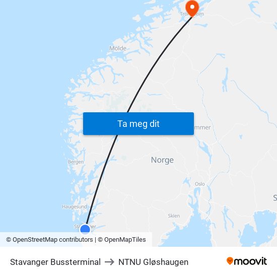 Stavanger Bussterminal to NTNU Gløshaugen map