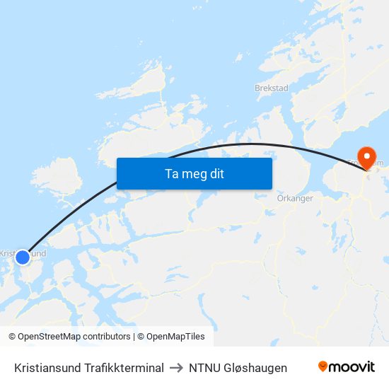 Kristiansund Trafikkterminal to NTNU Gløshaugen map