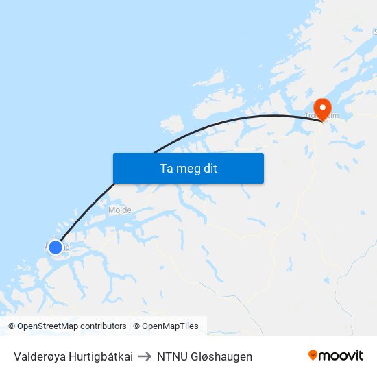 Valderøya Hurtigbåtkai to NTNU Gløshaugen map