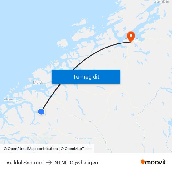 Valldal Sentrum to NTNU Gløshaugen map