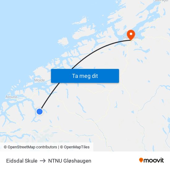 Eidsdal Skule to NTNU Gløshaugen map