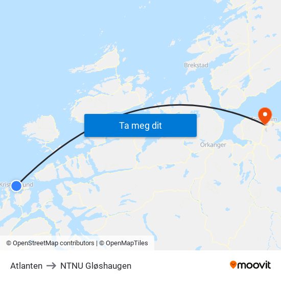 Atlanten to NTNU Gløshaugen map
