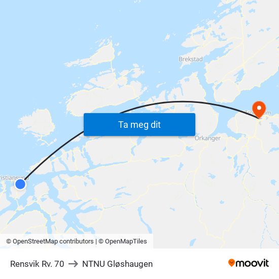 Rensvik Rv. 70 to NTNU Gløshaugen map