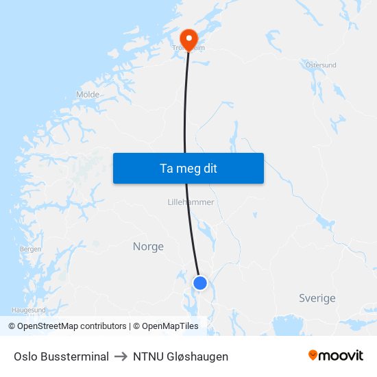 Oslo Bussterminal to NTNU Gløshaugen map