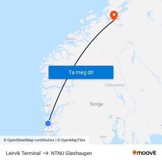 Leirvik Terminal to NTNU Gløshaugen map