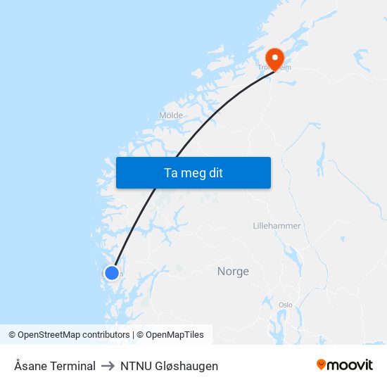 Åsane Terminal to NTNU Gløshaugen map