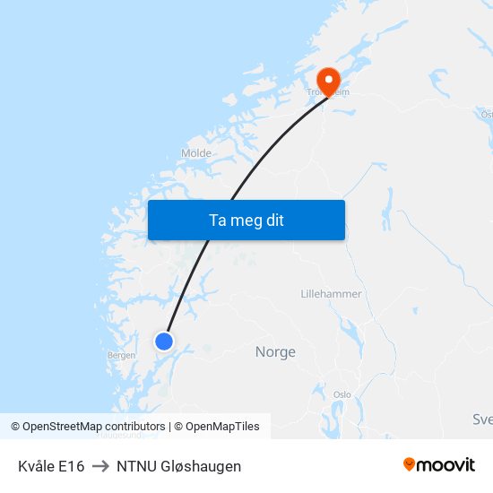 Kvåle E16 to NTNU Gløshaugen map