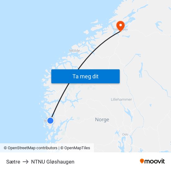Sætre to NTNU Gløshaugen map
