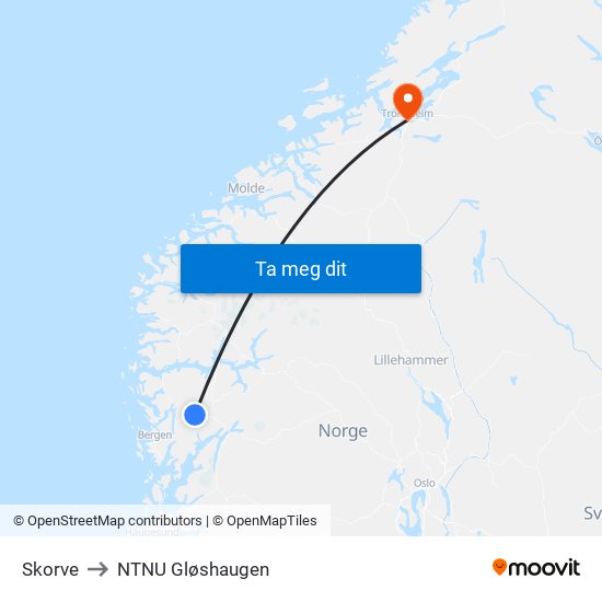 Skorve to NTNU Gløshaugen map