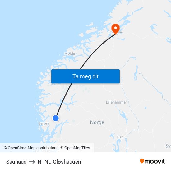 Saghaug to NTNU Gløshaugen map