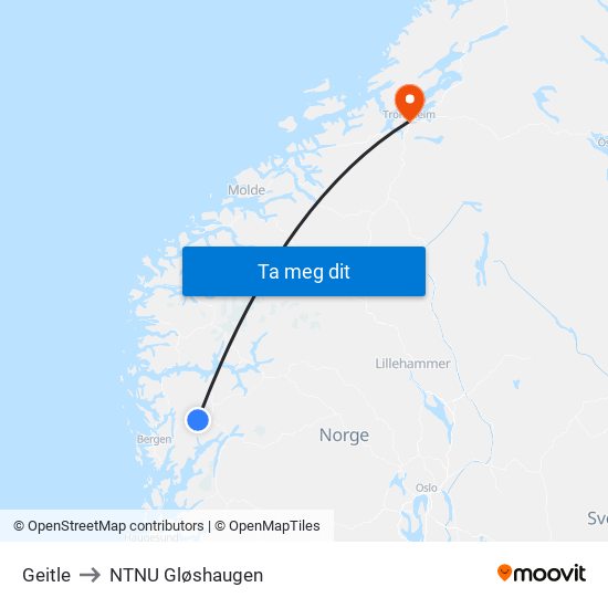Geitle to NTNU Gløshaugen map