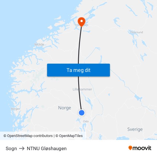 Sogn to NTNU Gløshaugen map