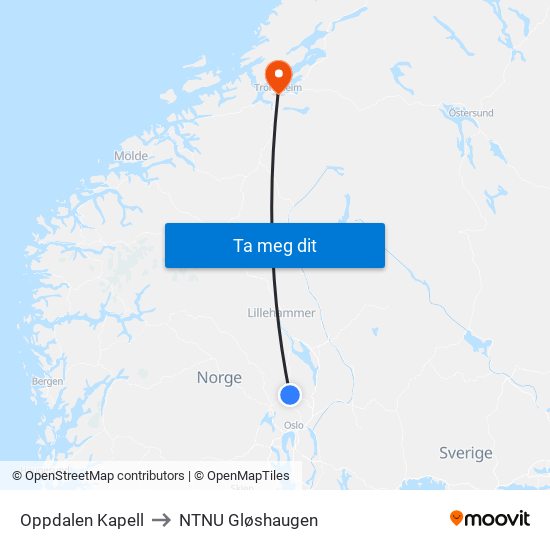 Oppdalen Kapell to NTNU Gløshaugen map