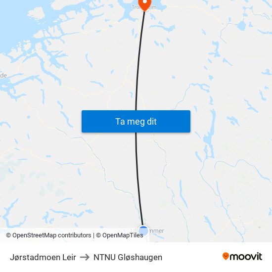 Jørstadmoen Leir to NTNU Gløshaugen map