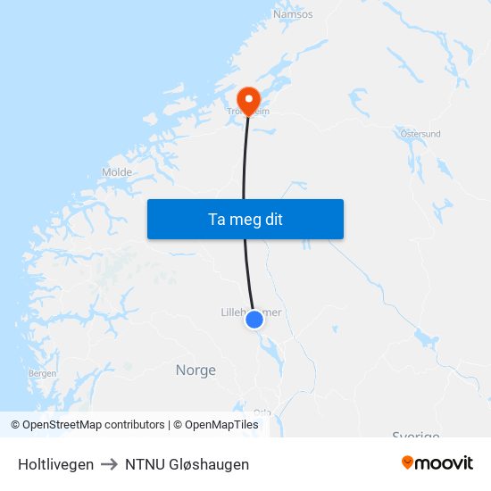Holtlivegen to NTNU Gløshaugen map