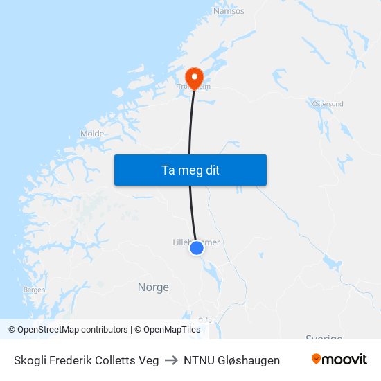 Skogli Frederik Colletts Veg to NTNU Gløshaugen map