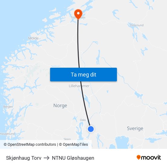 Skjønhaug Torv to NTNU Gløshaugen map