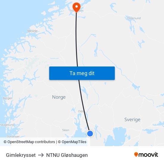 Gimlekrysset to NTNU Gløshaugen map