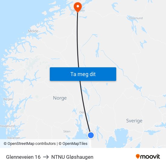 Glenneveien 16 to NTNU Gløshaugen map
