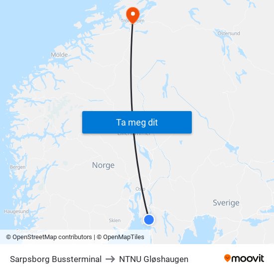 Sarpsborg Bussterminal to NTNU Gløshaugen map