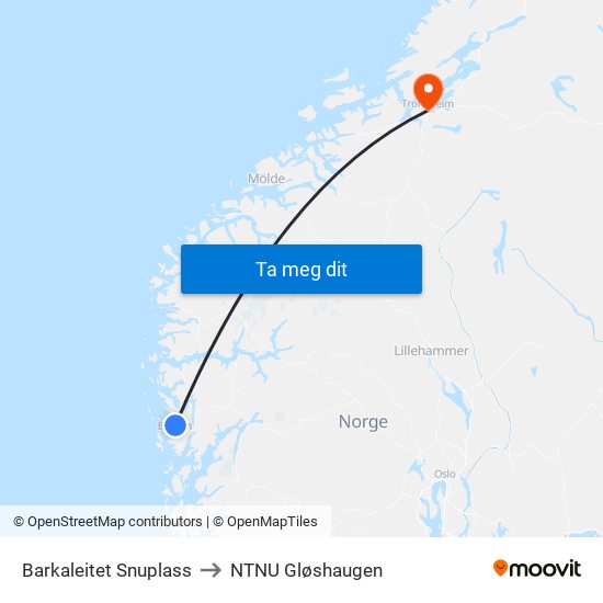 Barkaleitet Snuplass to NTNU Gløshaugen map