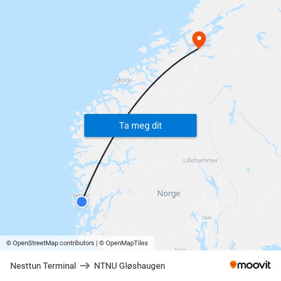 Nesttun Terminal to NTNU Gløshaugen map