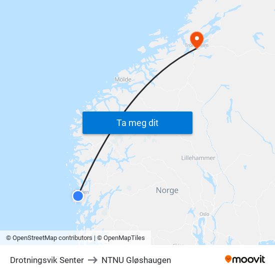 Drotningsvik Senter to NTNU Gløshaugen map