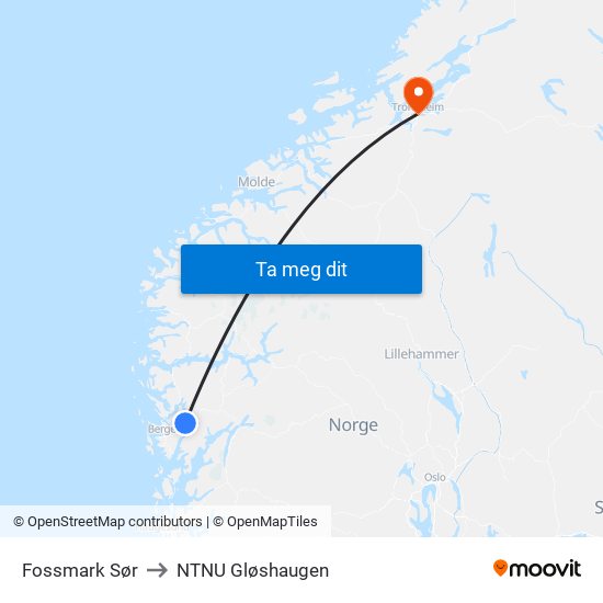 Fossmark Sør to NTNU Gløshaugen map
