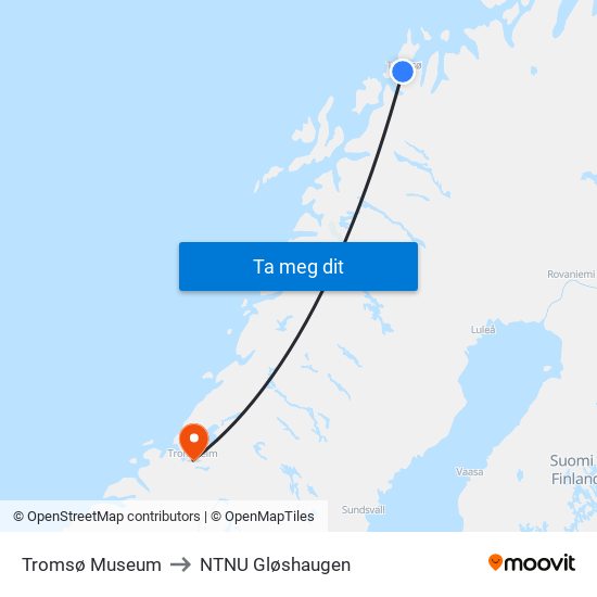 Tromsø Museum to NTNU Gløshaugen map