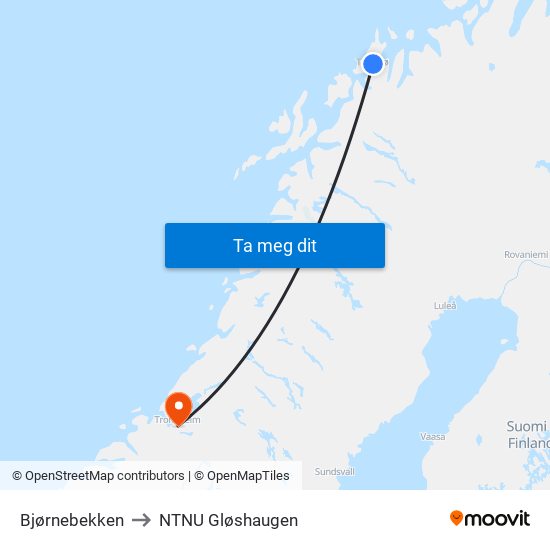 Bjørnebekken to NTNU Gløshaugen map
