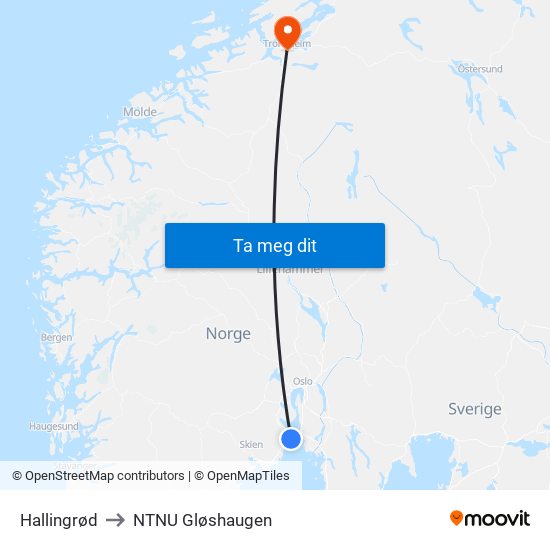 Hallingrød to NTNU Gløshaugen map