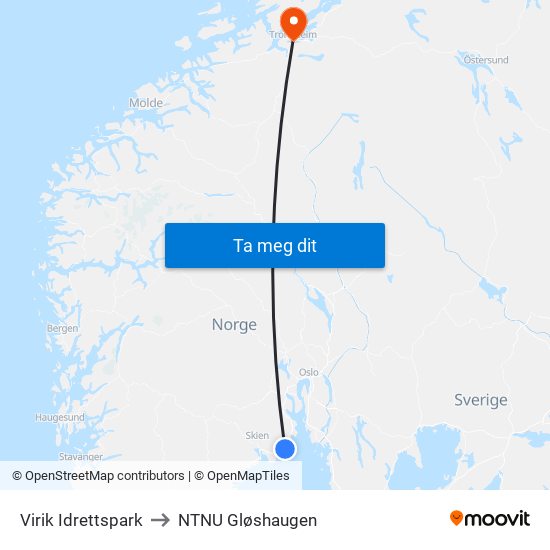 Virik Idrettspark to NTNU Gløshaugen map