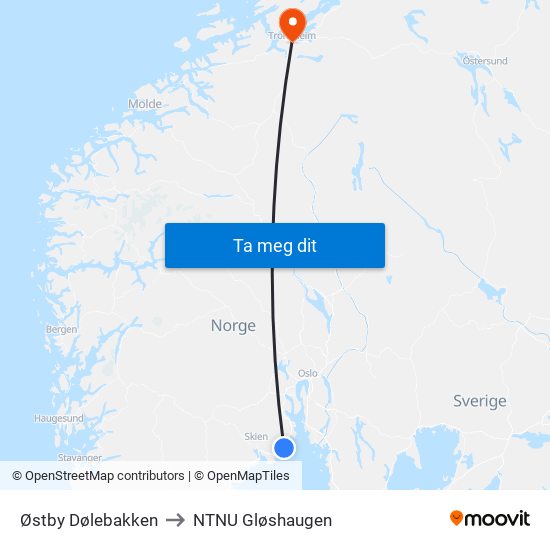 Østby Dølebakken to NTNU Gløshaugen map