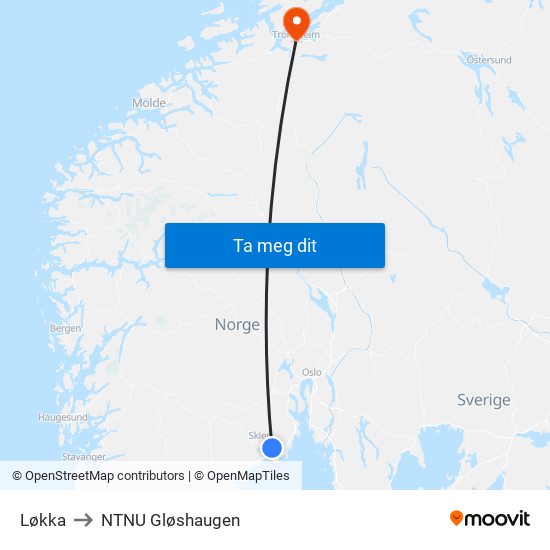 Løkka to NTNU Gløshaugen map
