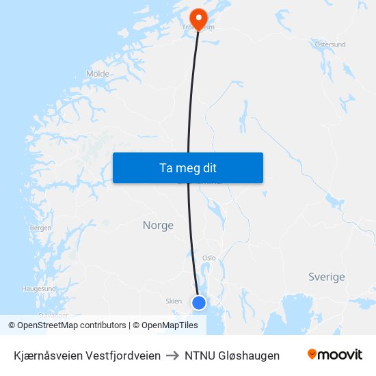 Kjærnåsveien Vestfjordveien to NTNU Gløshaugen map