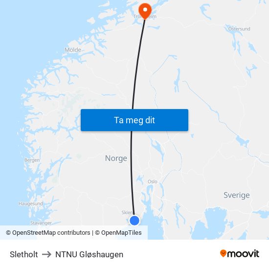 Sletholt to NTNU Gløshaugen map
