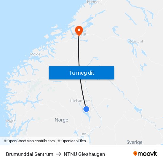 Brumunddal Sentrum to NTNU Gløshaugen map